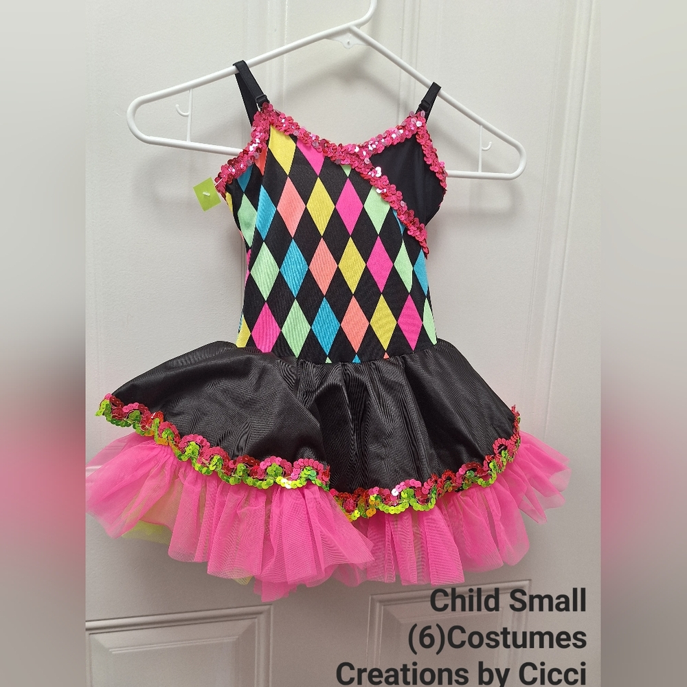 Colorful Harlequin Kids Dance Costume with Pink Tutu